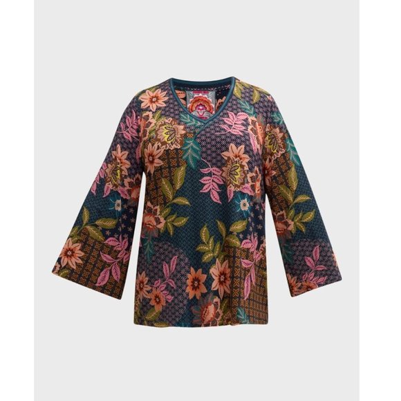 Johnny Was Plus Delfino V Neck Kimono Sleeve Tee Floral Blue Top Shirt Flower NW - Picture 4 of 8